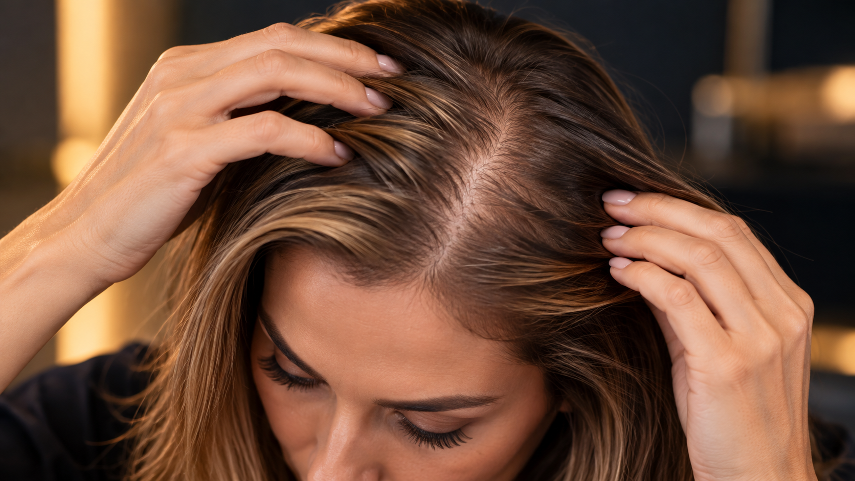 Queda de cabelo feminina: mulher afastando os fios para observar rarefação capilar e exposição do couro cabeludo.