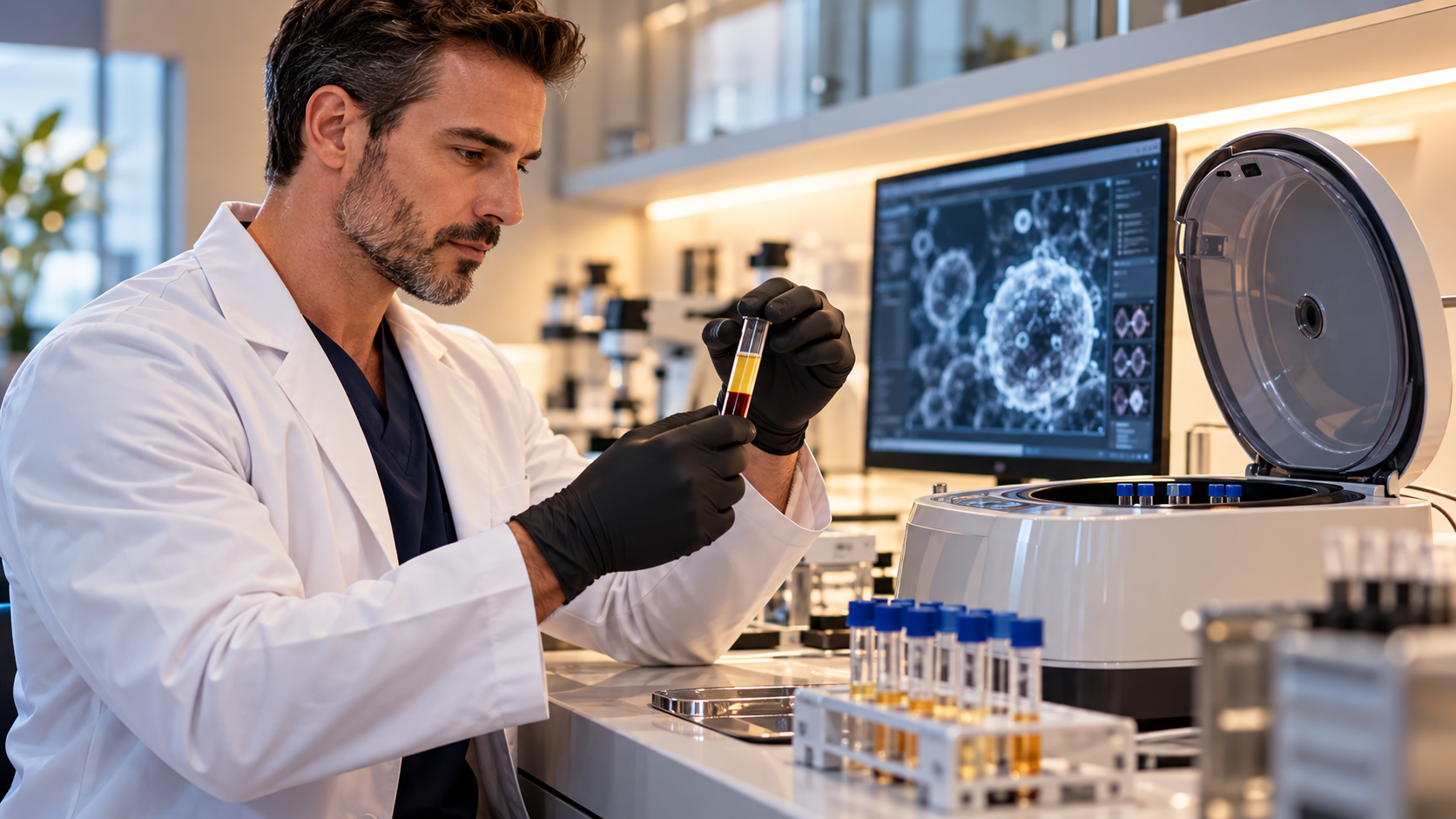 Profissional de saúde em ambiente de pesquisa clínica, representando o estudo de recursos da medicina regenerativa.