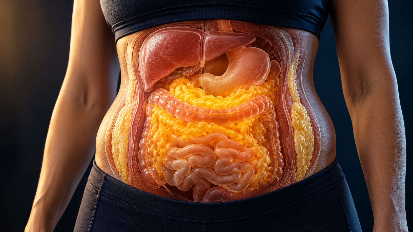 Gordura visceral: ilustração anatômica do acúmulo de tecido adiposo ao redor dos órgãos abdominais.