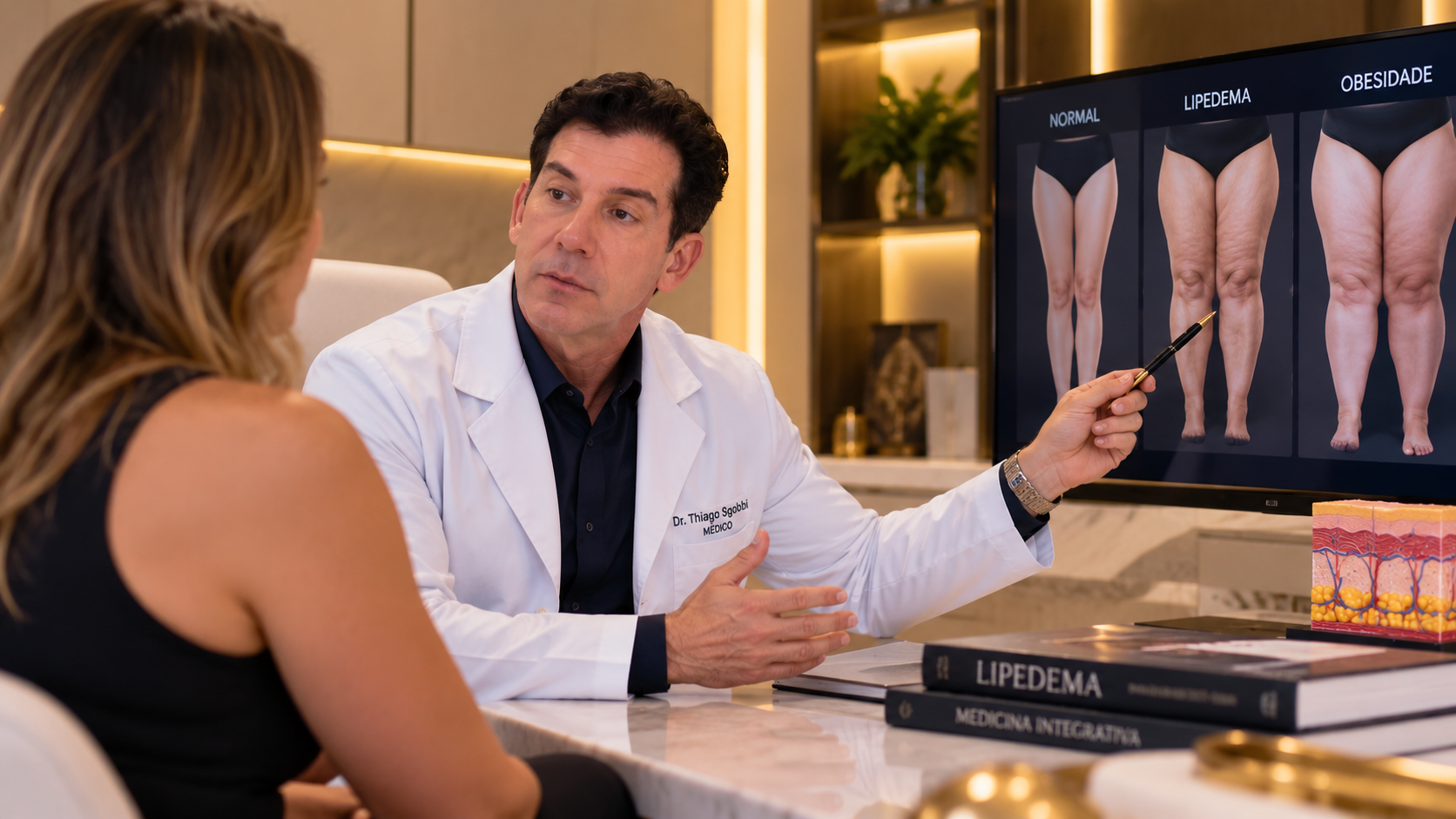 Dr. Thiago Sgobbi orientando uma paciente sobre lipedema e emagrecimento, com auxílio de imagens comparativas durante consulta médica ilustrativa.