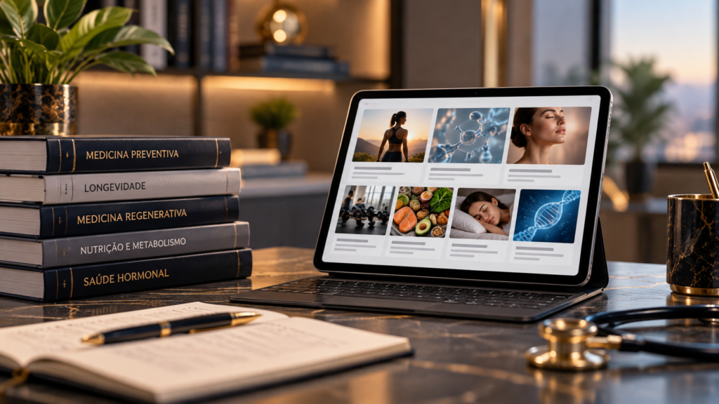 Livros de medicina e tablet com artigos de saúde sobre prevenção, longevidade e medicina regenerativa.