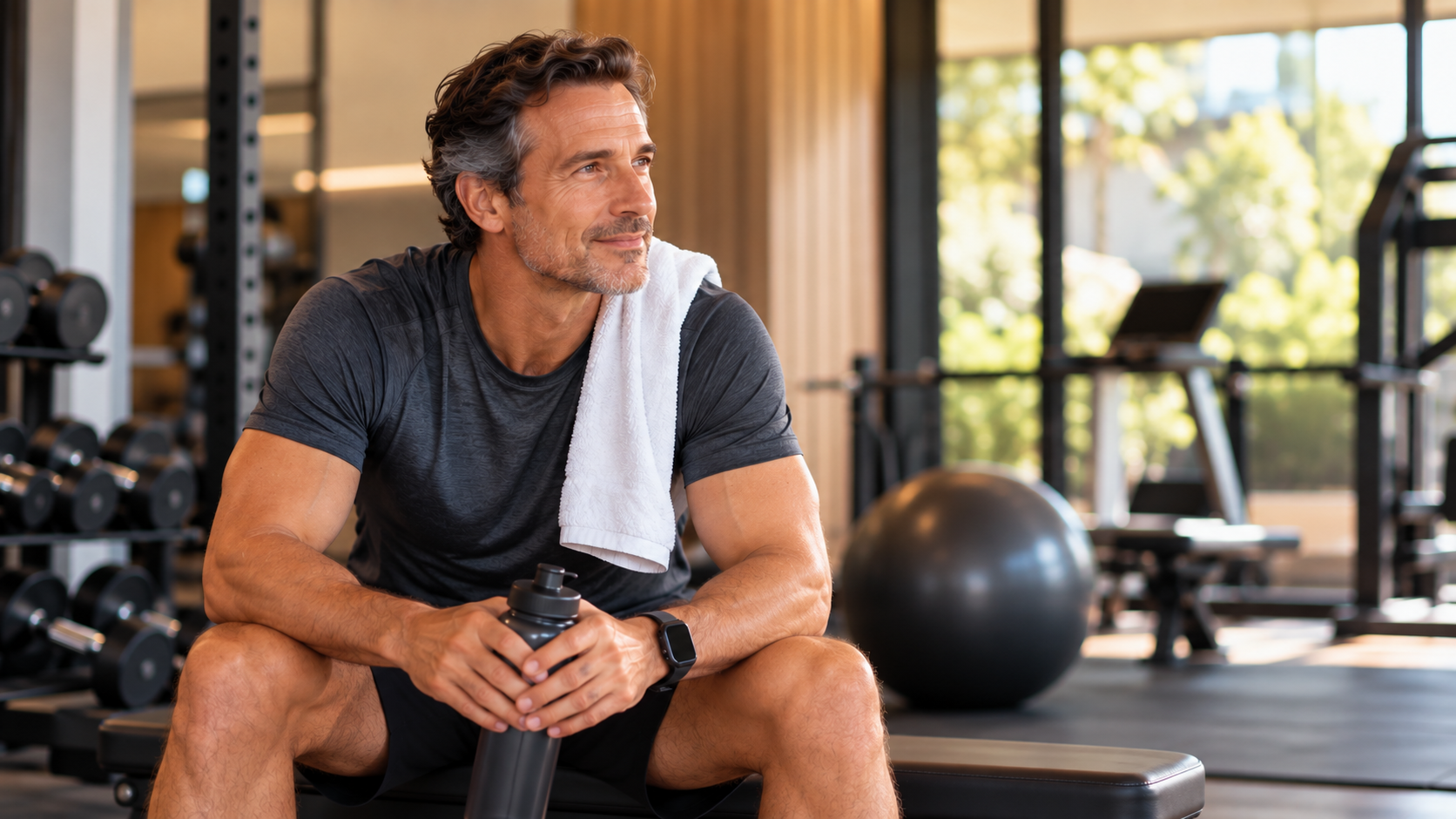 Homem fisicamente ativo após emagrecimento, representando manutenção do peso e preservação da massa muscular.