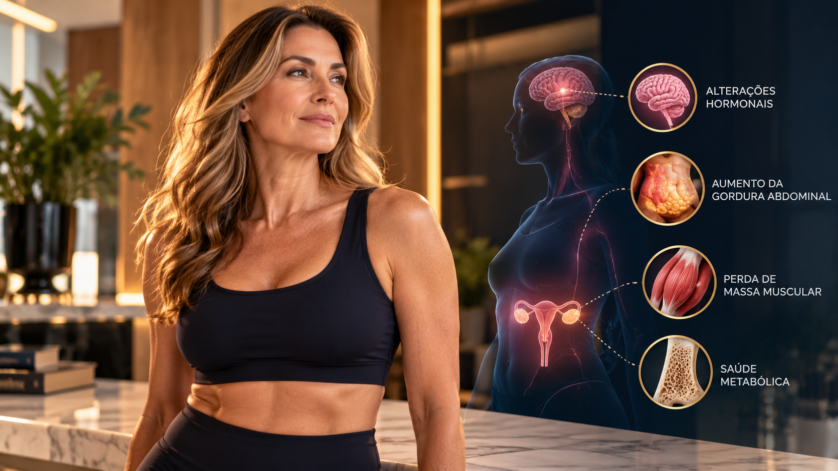 Mulher na menopausa em imagem ilustrativa sobre ganho de peso, gordura abdominal e saúde metabólica.