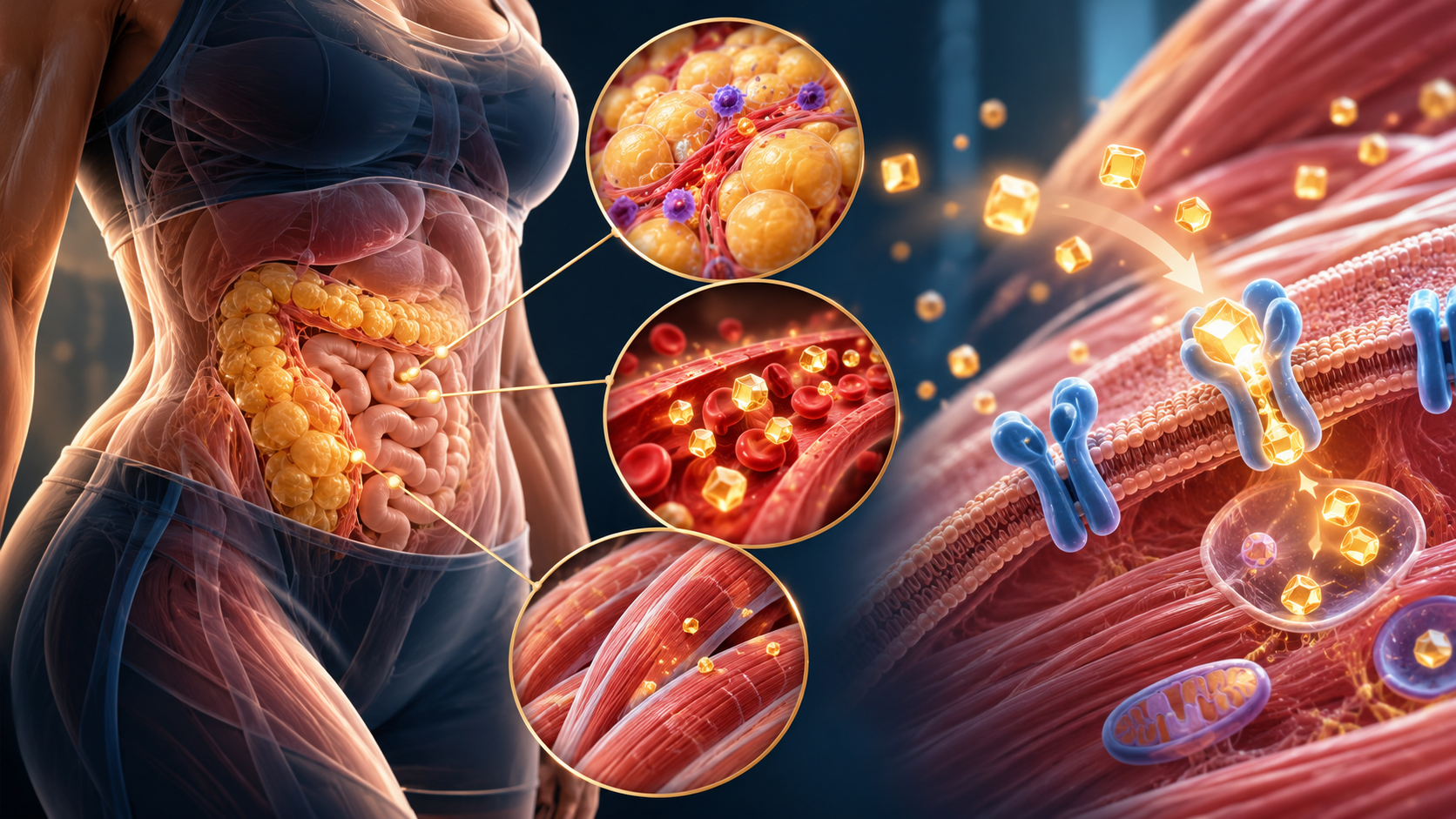 Ilustração médica sobre resistência à insulina, gordura abdominal e metabolismo da glicose no tecido muscular.