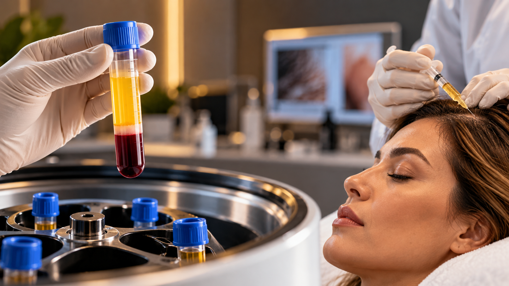 Preparação de plasma rico em plaquetas (PRP) e aplicação em tratamento capilar.