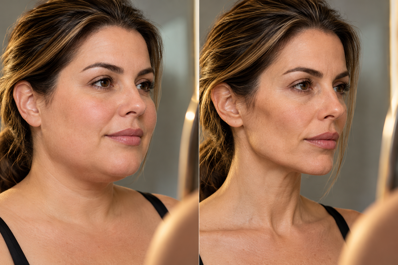 Emagrecimento facial: comparação ilustrativa das mudanças no volume das bochechas e nos contornos do rosto após a perda de peso.