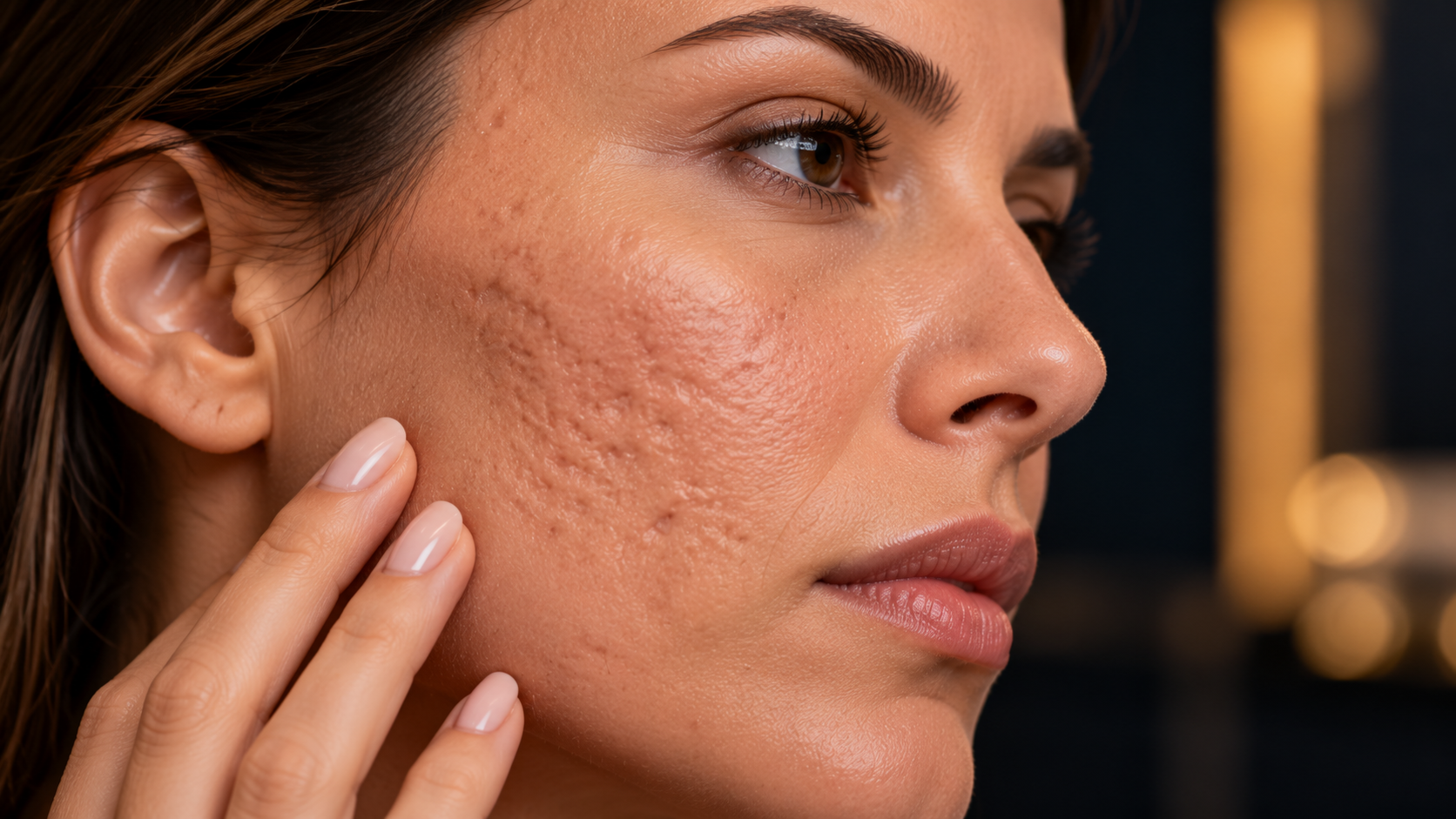 Cicatrizes de acne no rosto feminino, com destaque para cicatrizes atróficas, irregularidades na textura e poros da pele.