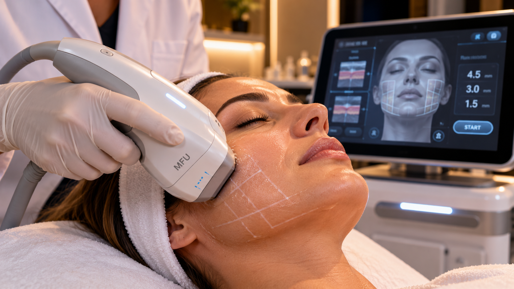 Ultrassom microfocado facial aplicado na região da mandíbula de uma mulher, com destaque para o manípulo e a tecnologia de tratamento da flacidez.