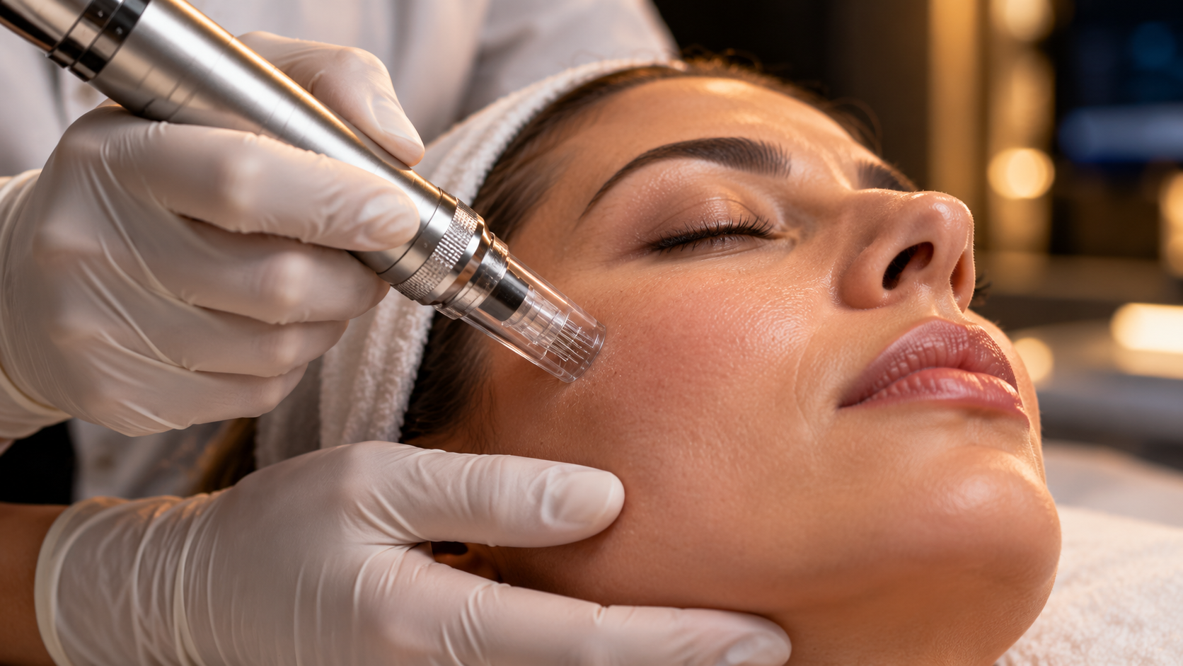 Microagulhamento facial realizado com dispositivo de microagulhas na região da bochecha de uma mulher adulta.