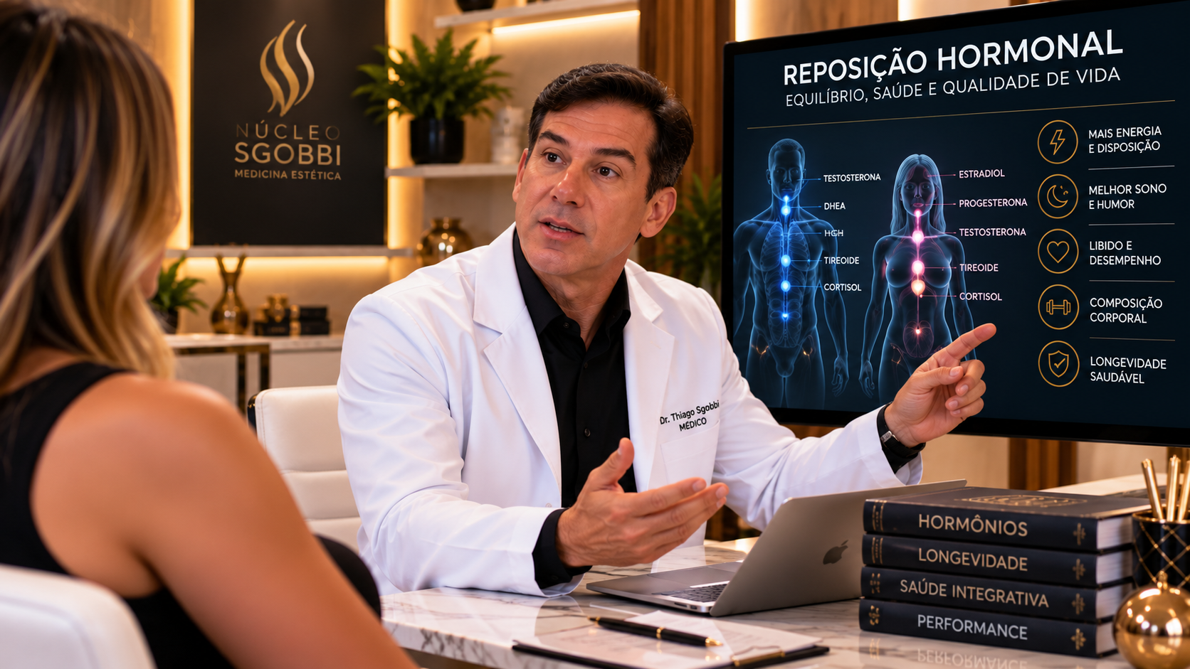Dr. Thiago Sgobbi em consulta ilustrativa sobre reposição hormonal após os 40 anos, saúde hormonal masculina e feminina no Núcleo Sgobbi.